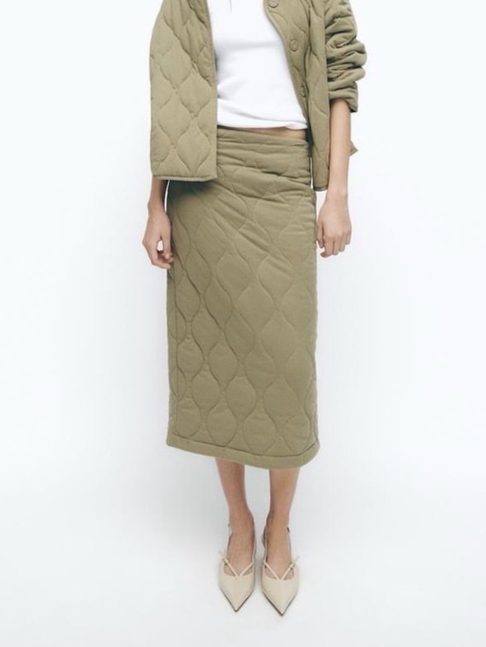 Zara Quilted Midi Skirt Olive Khaki Green Padded Pencil Skirt Size S
